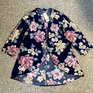 NWT Emery Rose Womens Open Front Floral Kimono Plus Size 1XL Blue Cottage Boho